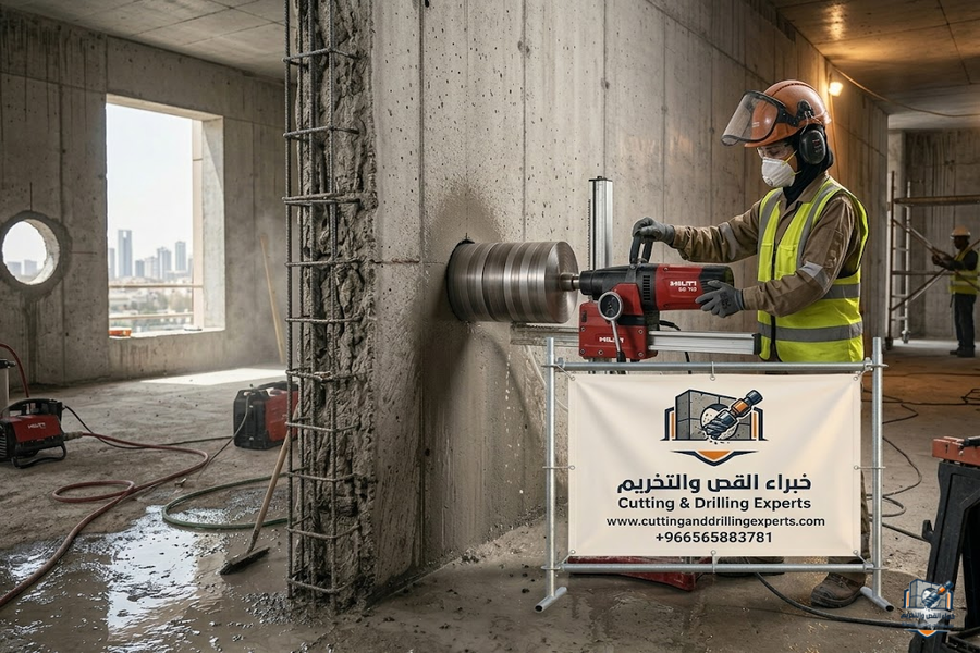 تخريم خرسانة حي الجامعة بجدة باستخدام الكور الماسي لعمل فتحات دقيقة للمكيفات والكهرباء والسباكة بدون تكسير أو إضعاف المبنى